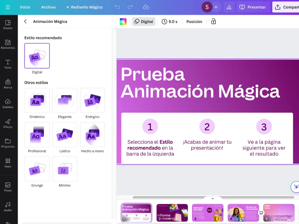 Ventana de Animación mágica, con la opción de animación recomendada seleccionada
