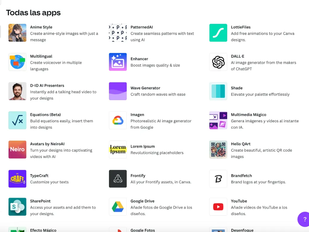 Biblioteca de apps disponibles para vincular a Canva.