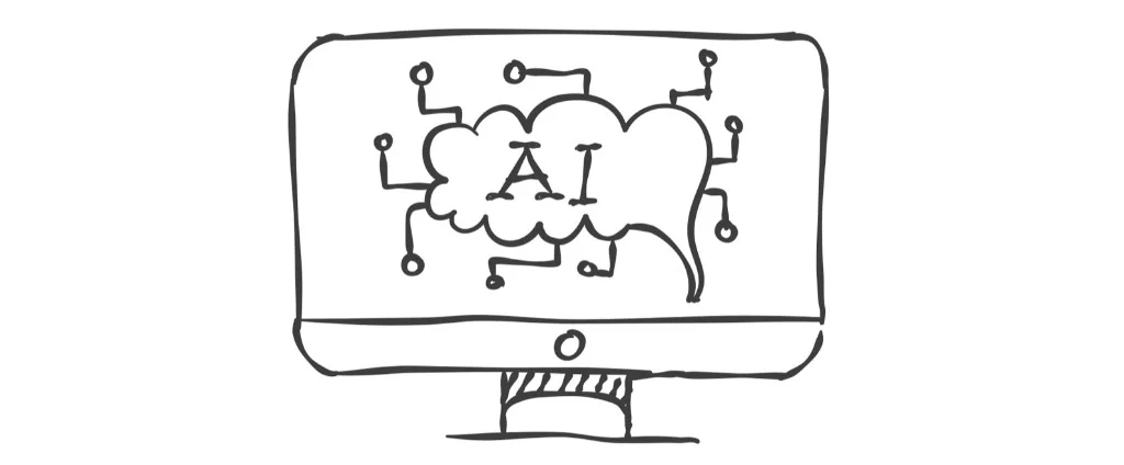 Ilustración de un monitor con una nube de IA en pantalla