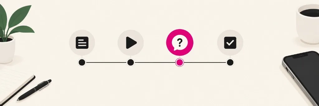 Línea de progreso de un microcurso: texto, vídeo, pregunta y cierre