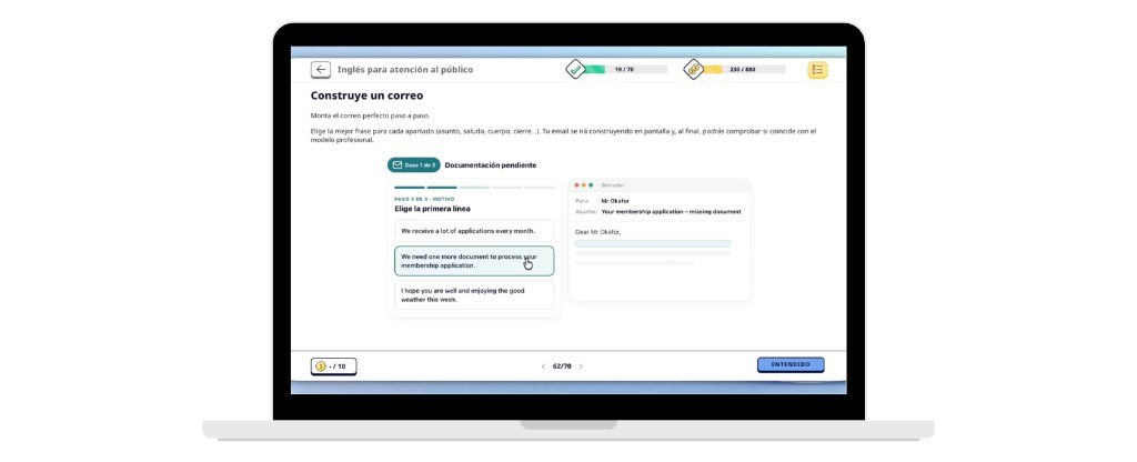 Interactivo en un curso Snackson: construir un correo en inglés para atención al público